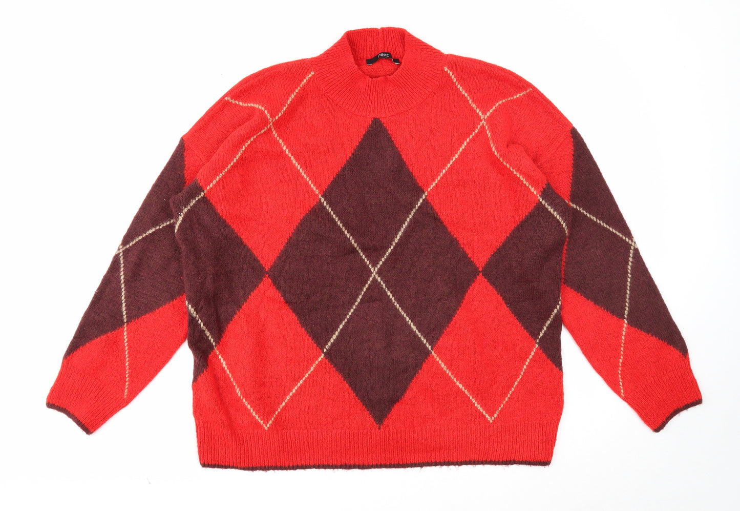 NEXT Womens Red Round Neck Argyle/Diamond Acrylic Pullover Jumper Size L