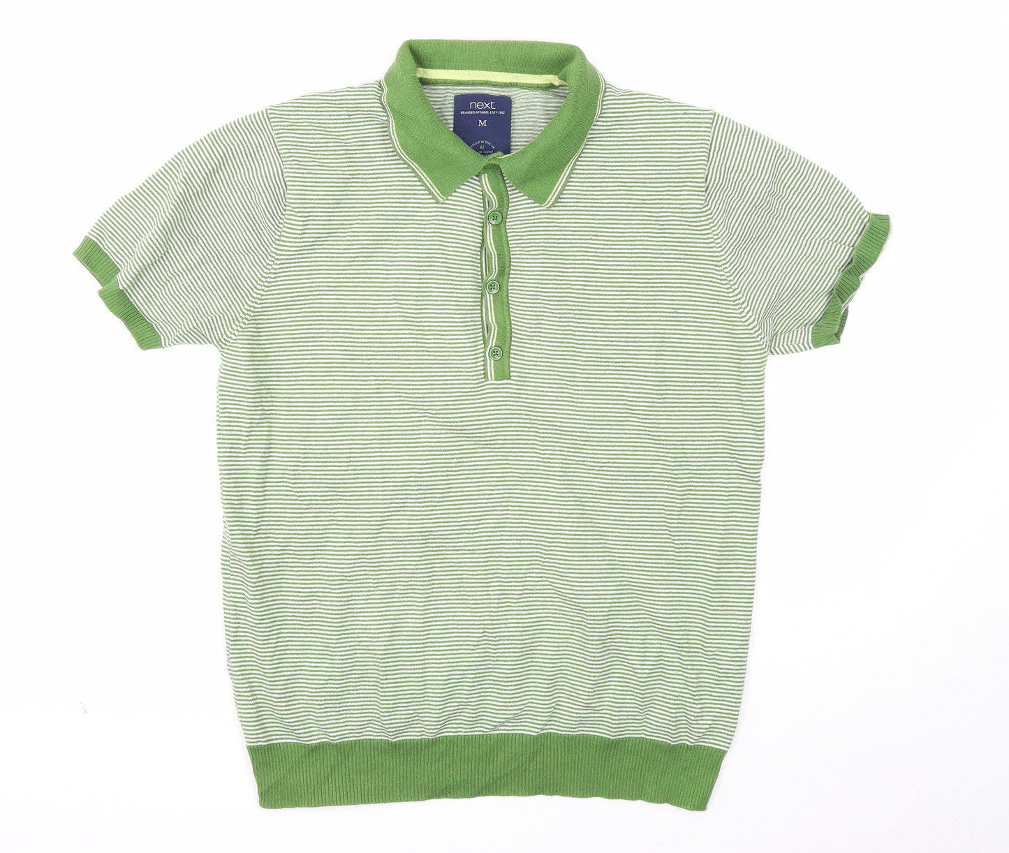 NEXT Mens Green Striped Cotton Polo Size M Collared Button