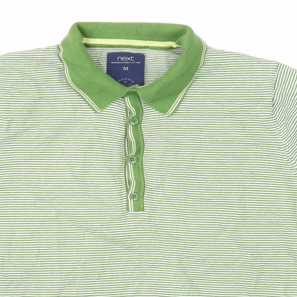 NEXT Mens Green Striped Cotton Polo Size M Collared Button
