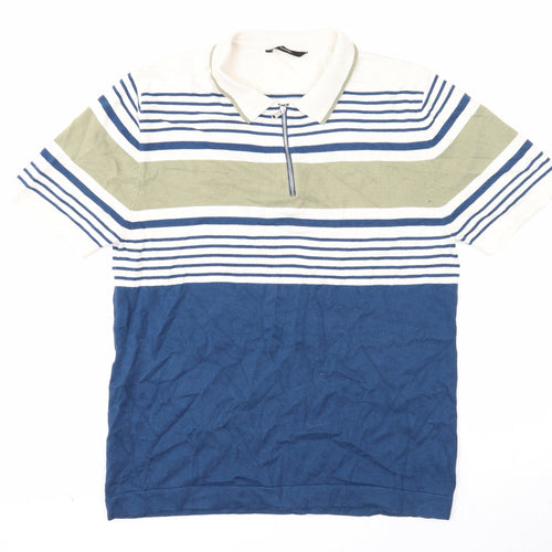 George Mens Black Striped Cotton Polo Size L Collared Zip