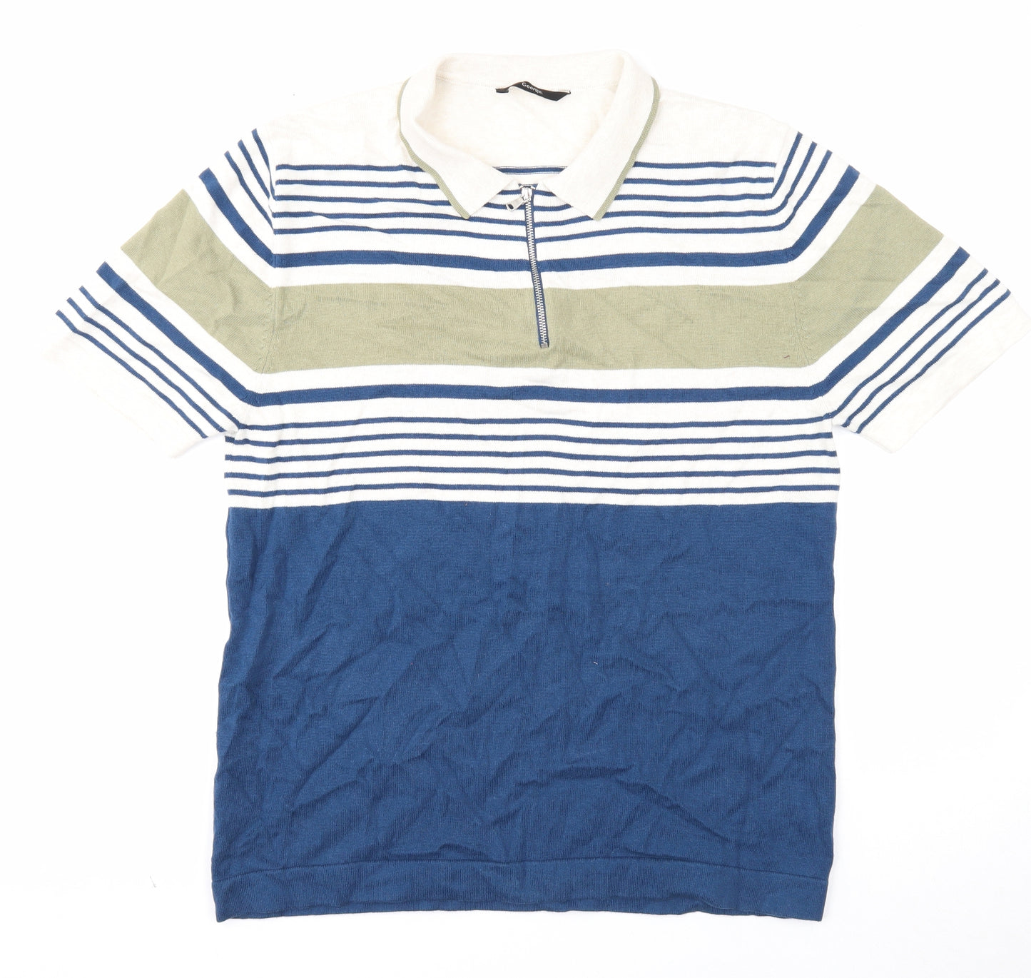 George Mens Black Striped Cotton Polo Size L Collared Zip