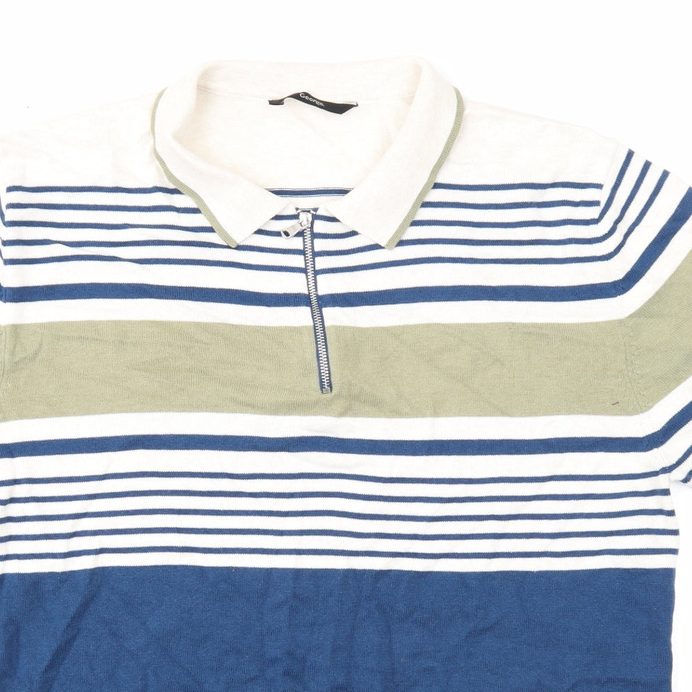George Mens Black Striped Cotton Polo Size L Collared Zip