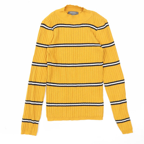 Primark Womens Yellow Mock Neck Striped Polyester Pullover Jumper Size 6