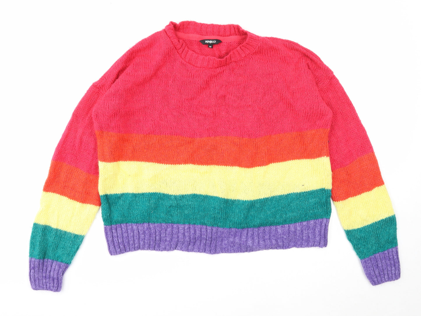 PEP&CO Womens Multicoloured Round Neck Striped Acrylic Pullover Jumper Size 14