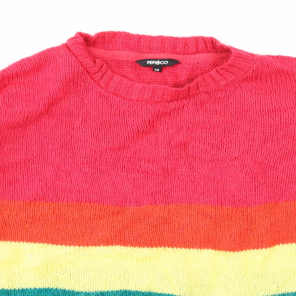 PEP&CO Womens Multicoloured Round Neck Striped Acrylic Pullover Jumper Size 14