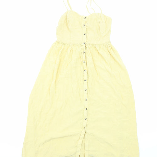 New Look Womens Yellow Viscose Slip Dress Size 6 Sweetheart Button - Shirred Back