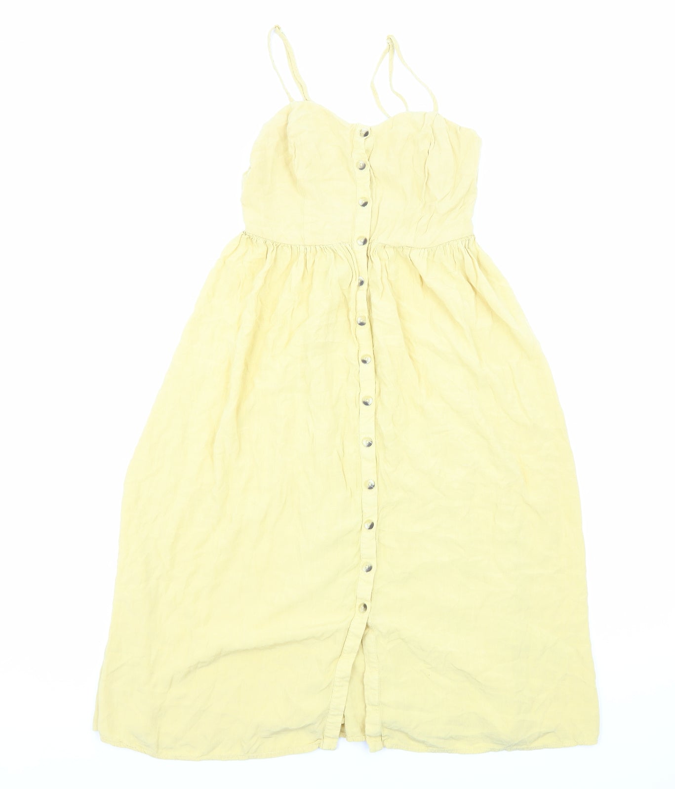 New Look Womens Yellow Viscose Slip Dress Size 6 Sweetheart Button - Shirred Back