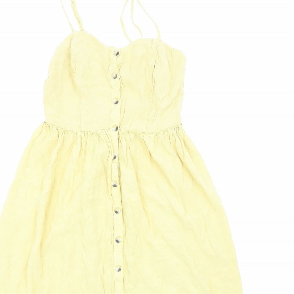 New Look Womens Yellow Viscose Slip Dress Size 6 Sweetheart Button - Shirred Back