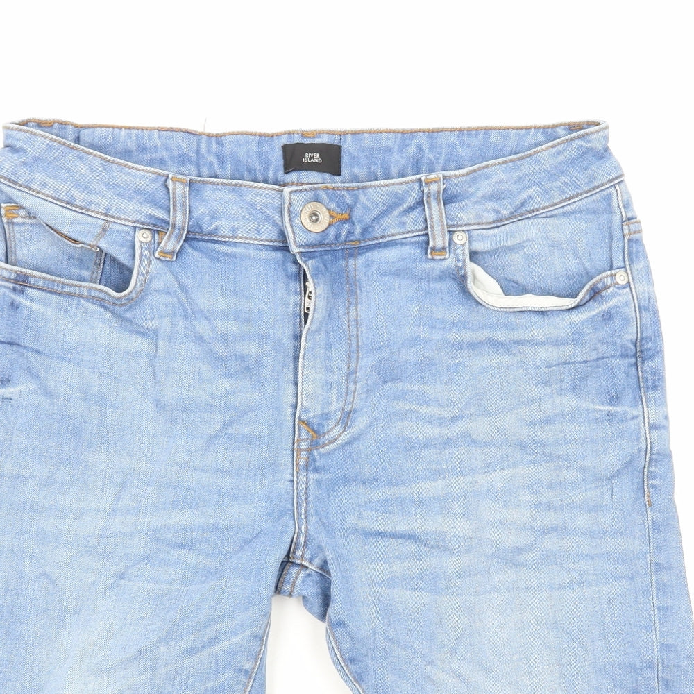 River Island Mens Blue Cotton Biker Shorts Size M Regular Zip