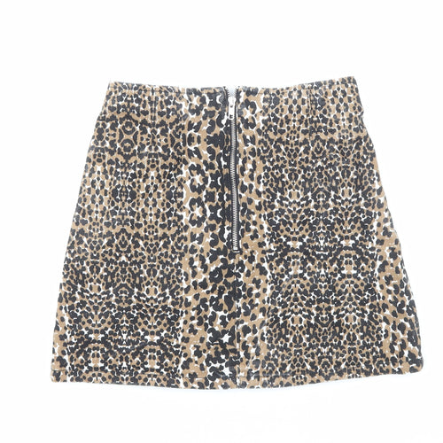 Topshop Womens Brown Animal Print Cotton Straight & Pencil Skirt Size 10 Zip - Leopard Pattern