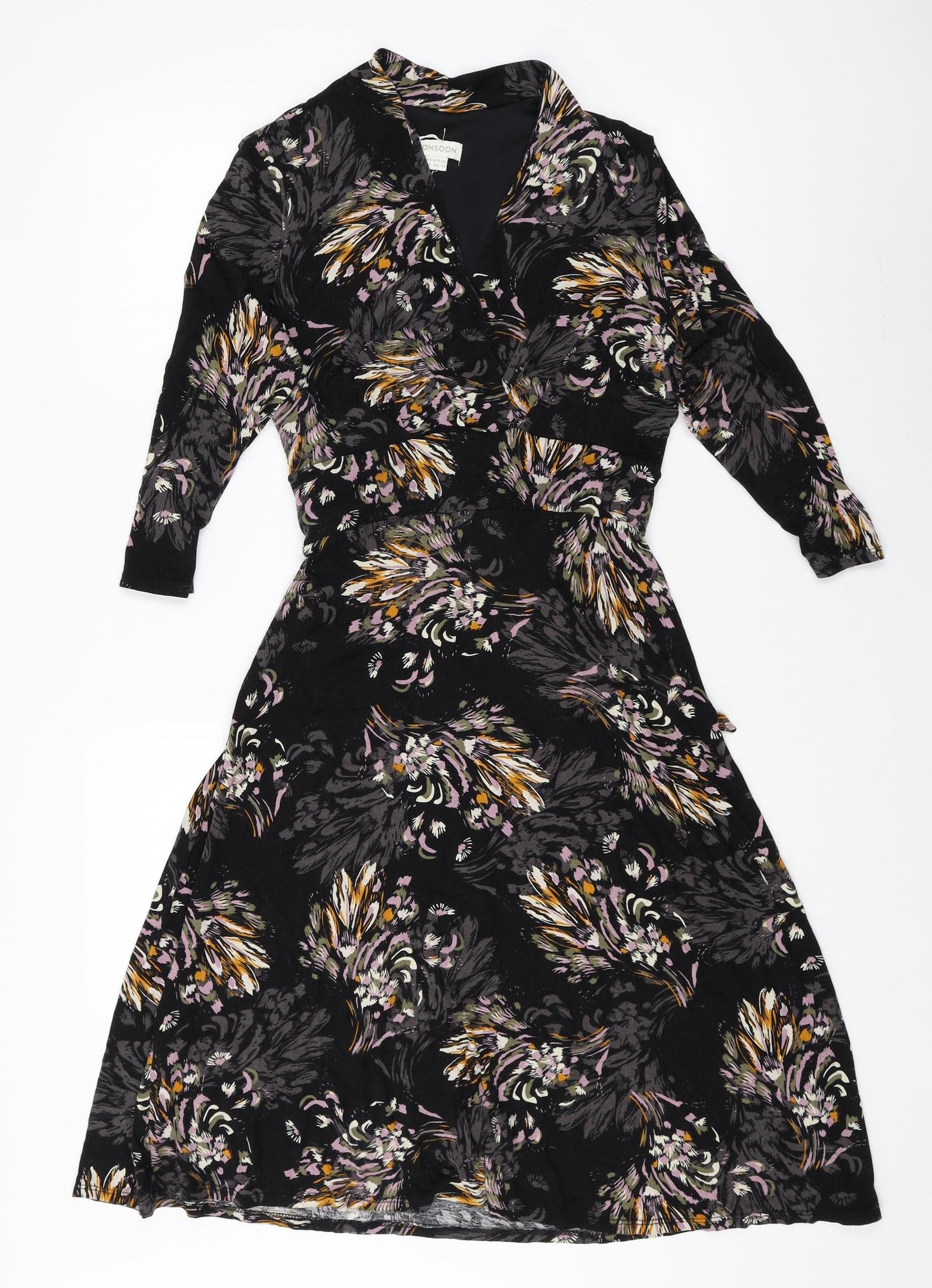 Monsoon Womens Multicoloured Floral Viscose Fit & Flare Size 14 V-Neck Tie