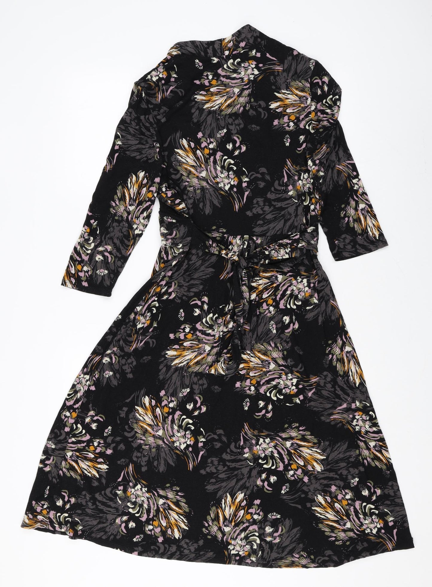 Monsoon Womens Multicoloured Floral Viscose Fit & Flare Size 14 V-Neck Tie