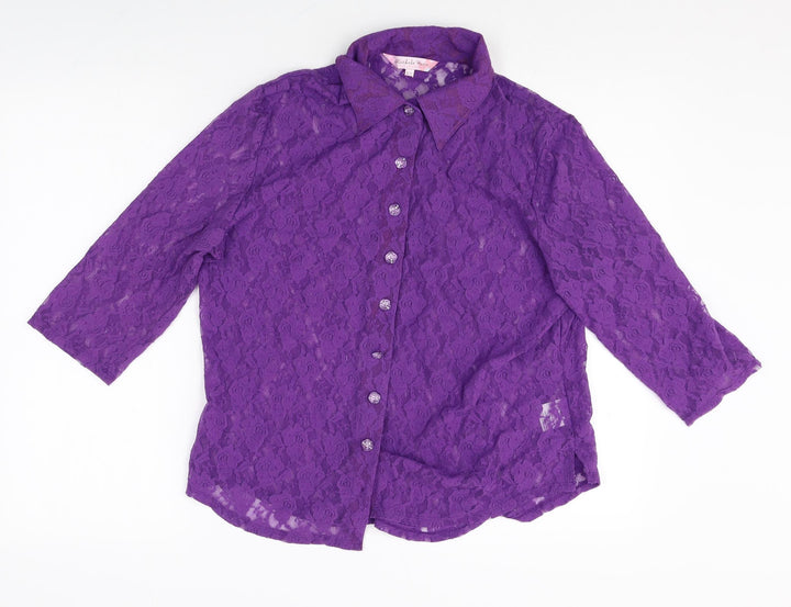 Michele Hope Womens Purple Geometric Nylon Basic Button-Up Size 14 V-Neck