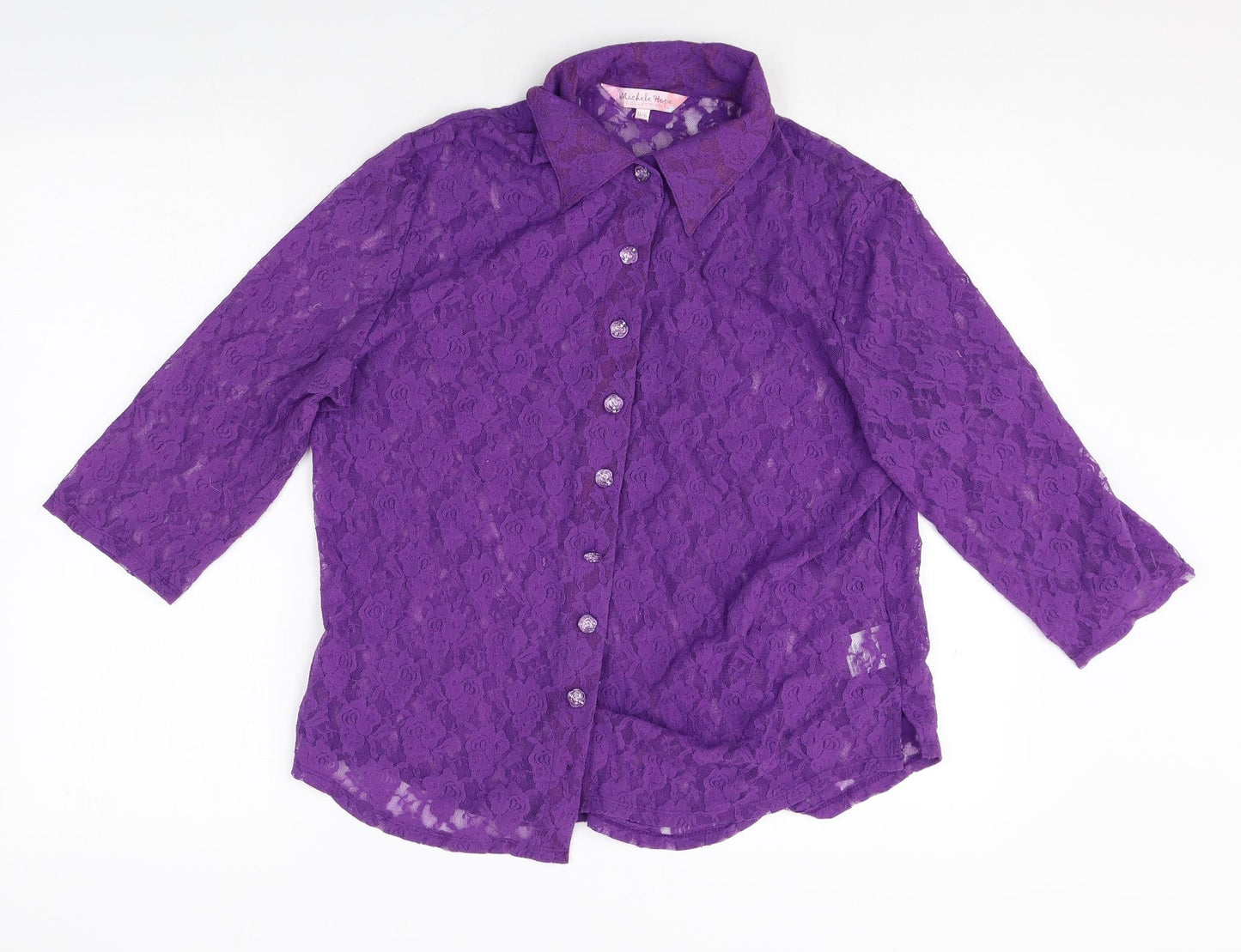 Michele Hope Womens Purple Geometric Nylon Basic Button-Up Size 14 V-Neck