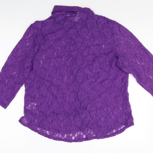 Michele Hope Womens Purple Geometric Nylon Basic Button-Up Size 14 V-Neck