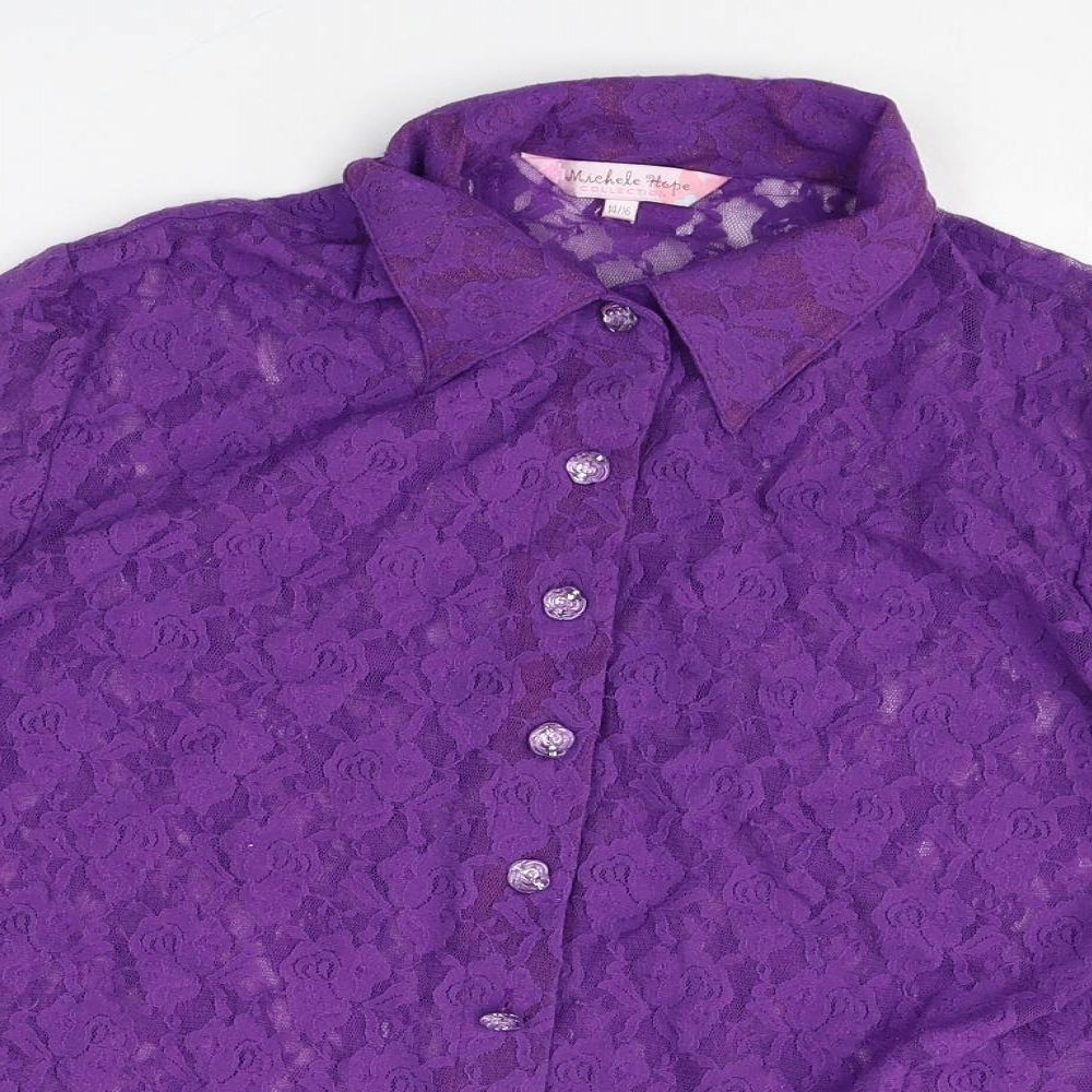 Michele Hope Womens Purple Geometric Nylon Basic Button-Up Size 14 V-Neck