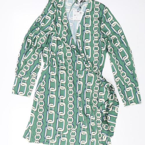 Zara Womens Green Geometric Polyester Wrap Dress Size M V-Neck Zip