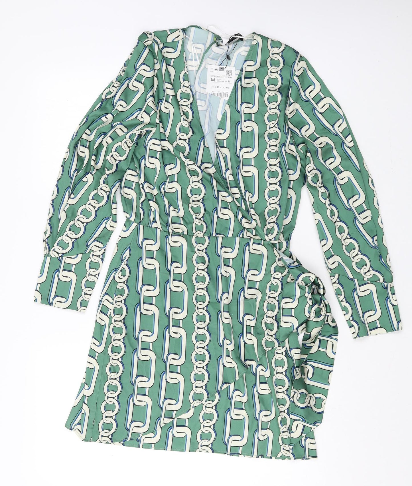 Zara Womens Green Geometric Polyester Wrap Dress Size M V-Neck Zip