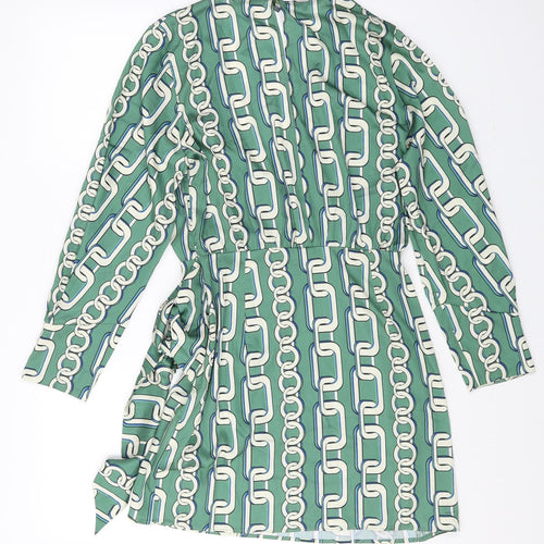 Zara Womens Green Geometric Polyester Wrap Dress Size M V-Neck Zip