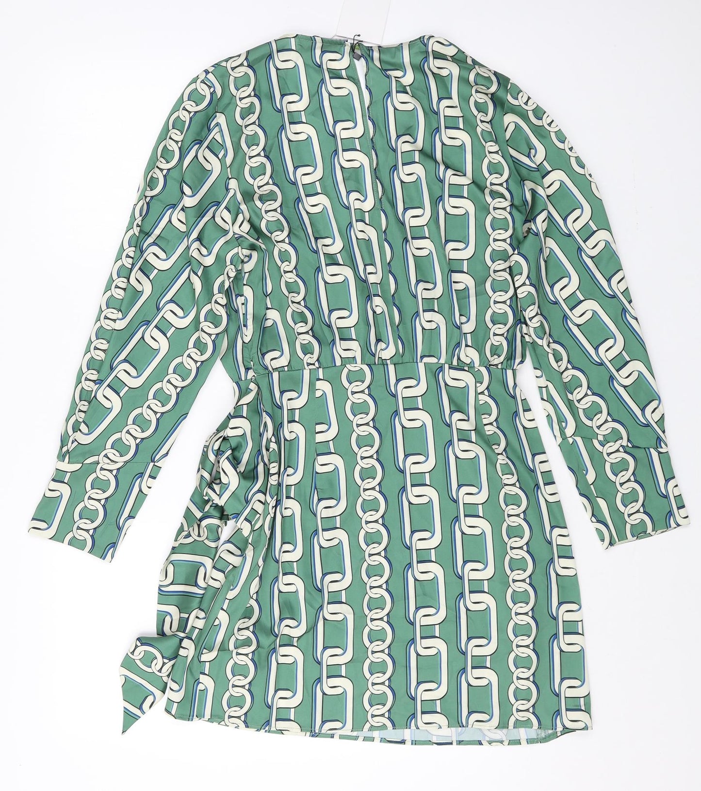 Zara Womens Green Geometric Polyester Wrap Dress Size M V-Neck Zip