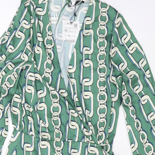 Zara Womens Green Geometric Polyester Wrap Dress Size M V-Neck Zip