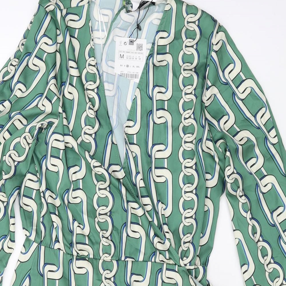 Zara Womens Green Geometric Polyester Wrap Dress Size M V-Neck Zip