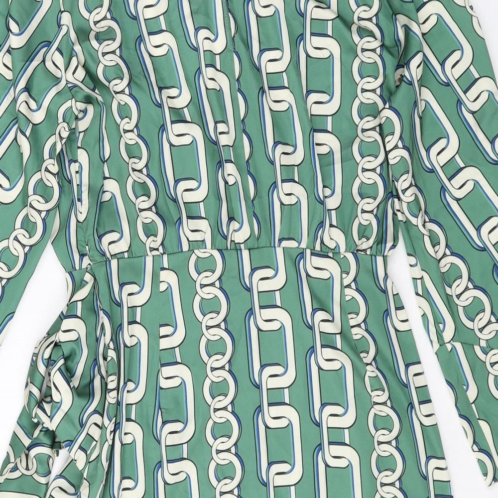 Zara Womens Green Geometric Polyester Wrap Dress Size M V-Neck Zip