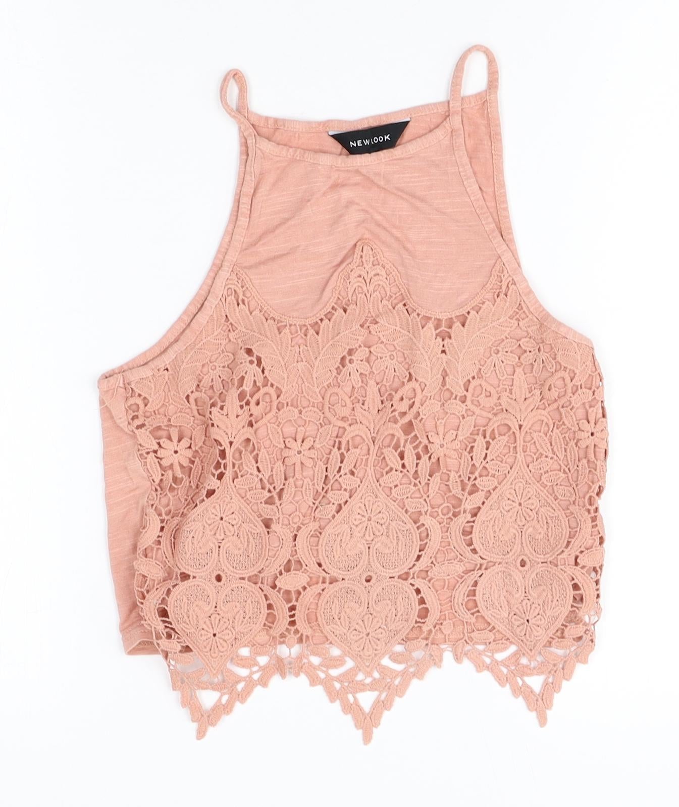 New Look Womens Pink Viscose Camisole Tank Size 6 Round Neck - Lace Front