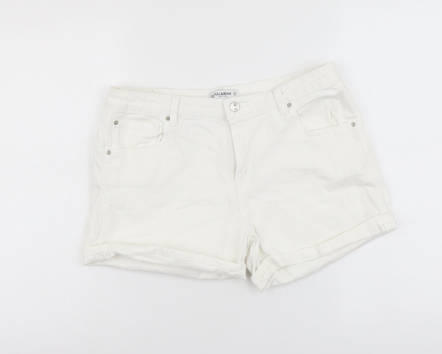 Pull&Bear Womens White Cotton Hot Pants Shorts Size 14 L4 in Regular Button
