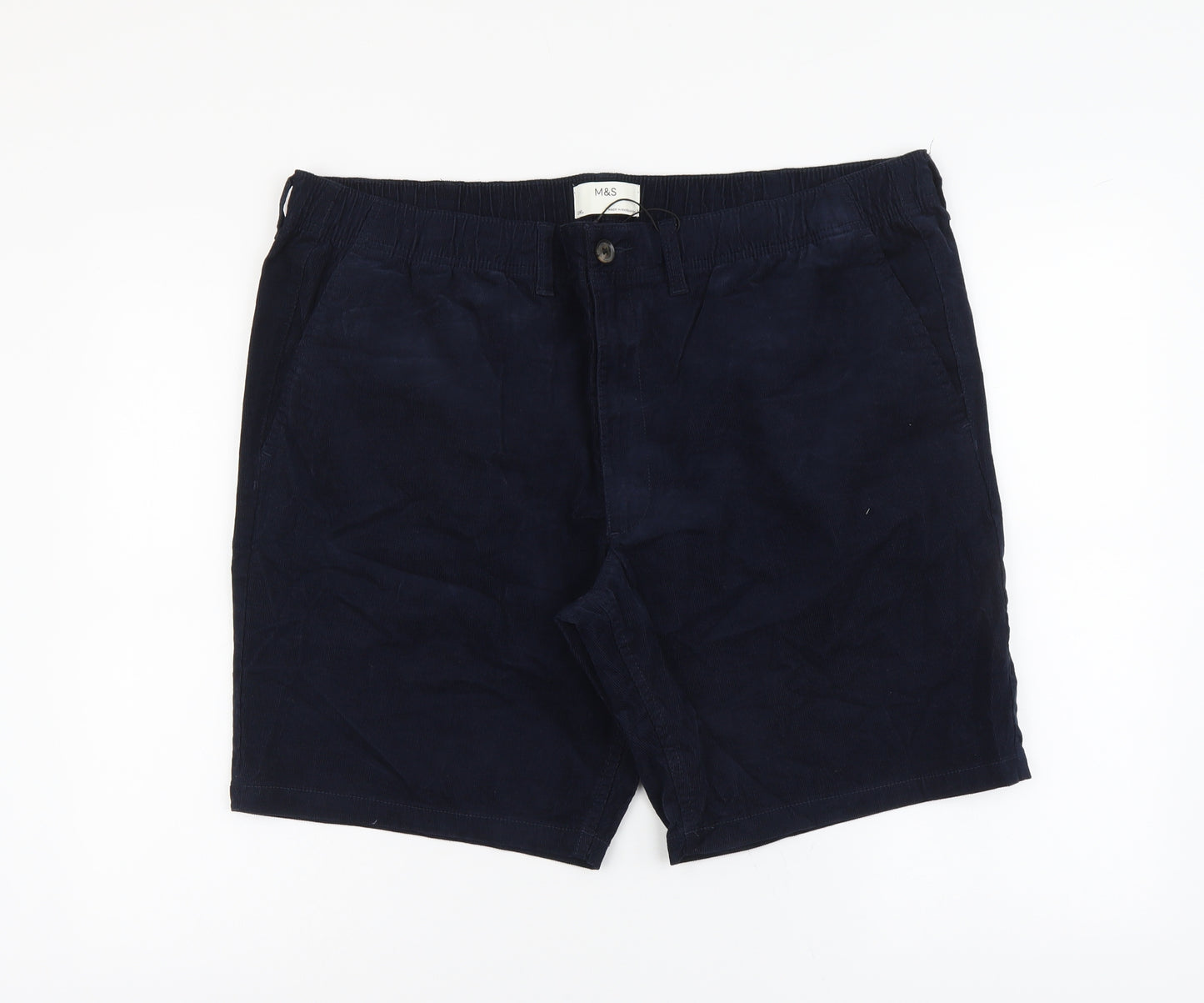 Marks and Spencer Womens Blue Herringbone Cotton Chino Shorts Size 2XL L9 in Regular Button