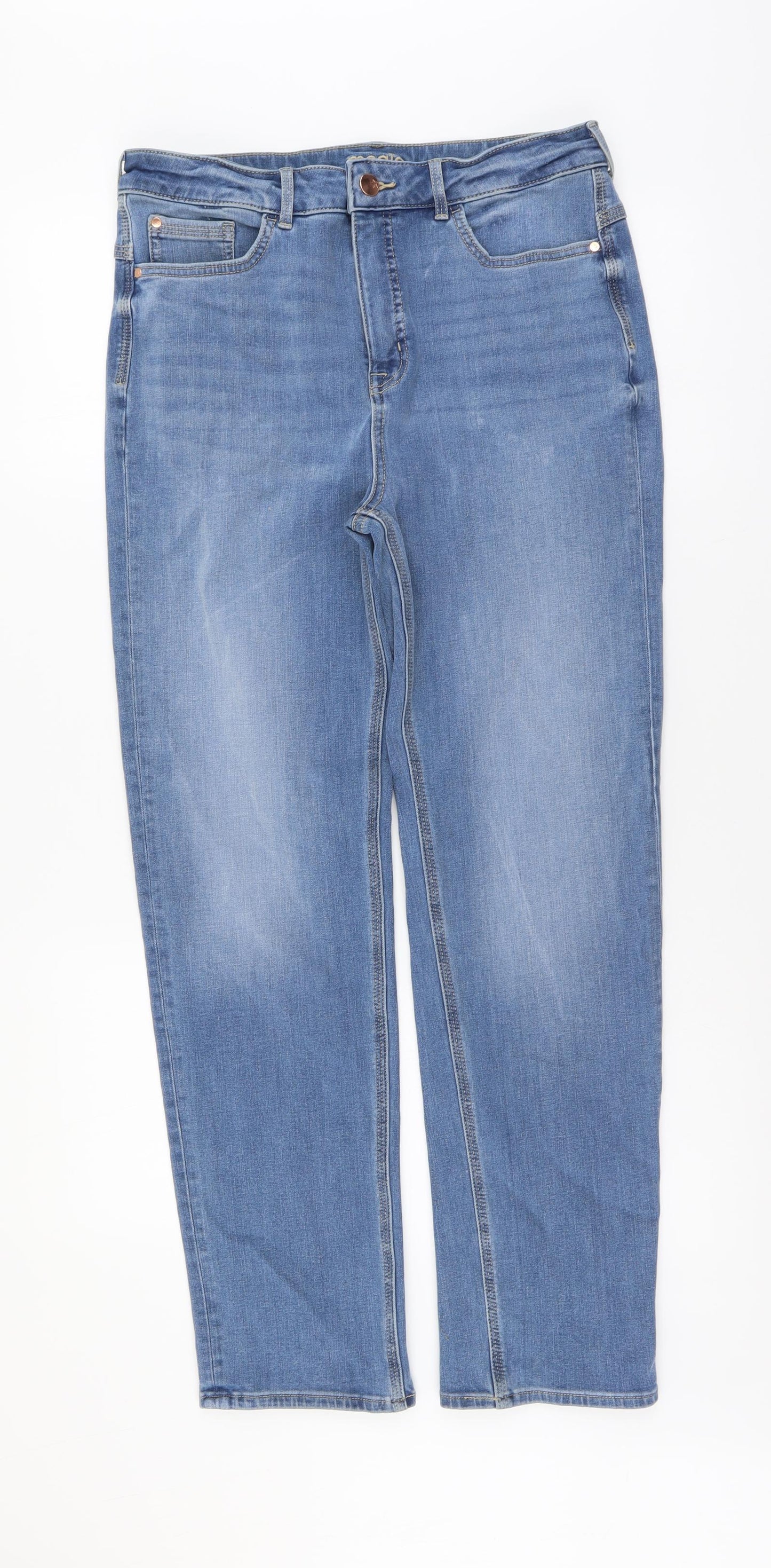 Marks and Spencer Womens Blue Cotton Straight Jeans Size 14 L28 in Regular Button