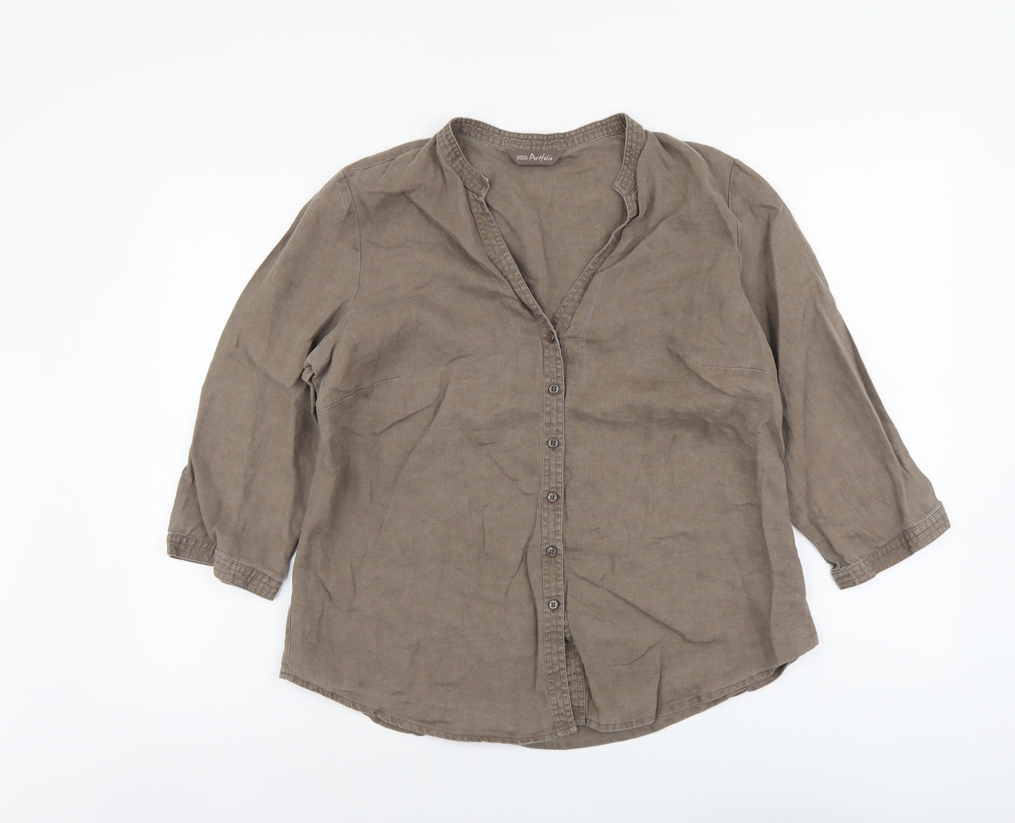 Marks and Spencer Womens Brown Linen Basic Button-Up Size 16 V-Neck