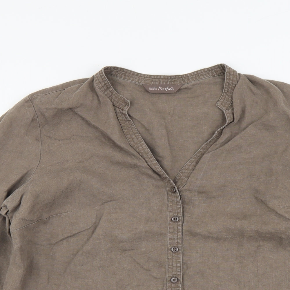 Marks and Spencer Womens Brown Linen Basic Button-Up Size 16 V-Neck