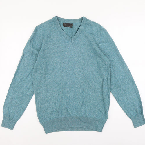 Marks and Spencer Mens Green V-Neck Cotton Pullover Jumper Size S Long Sleeve