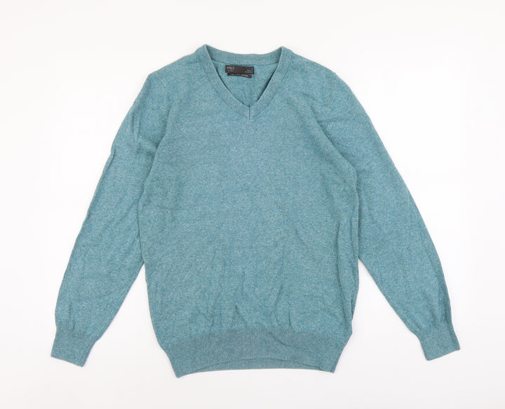 Marks and Spencer Mens Green V-Neck Cotton Pullover Jumper Size S Long Sleeve