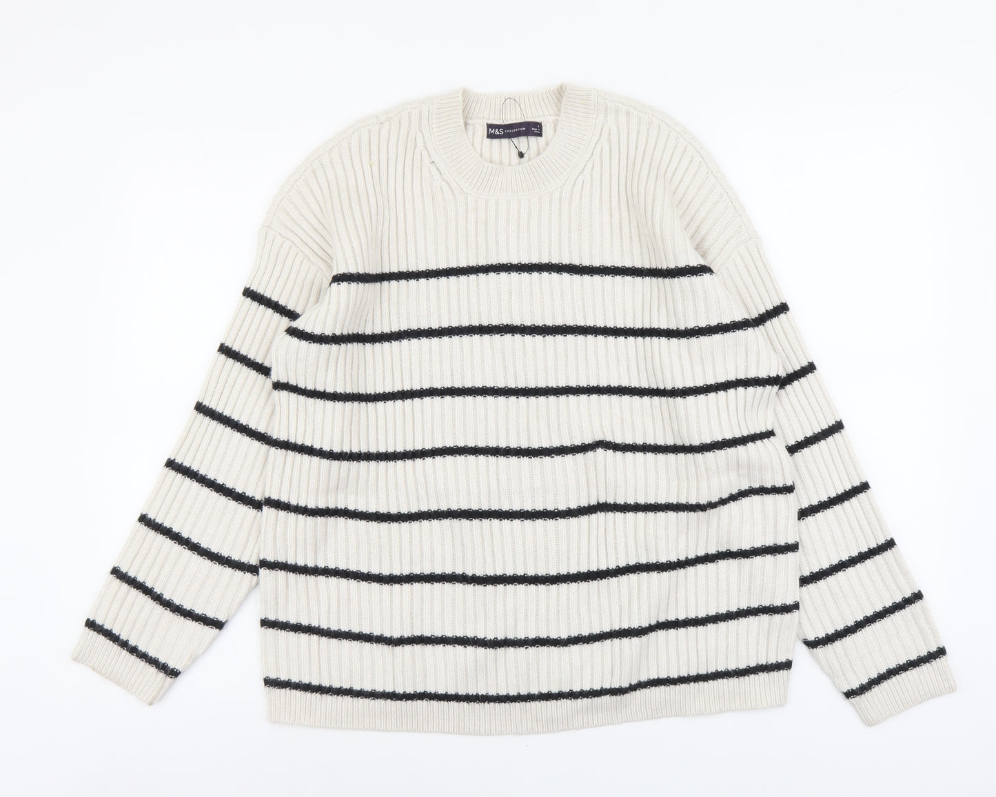 Marks and Spencer Womens Beige Round Neck Striped Acrylic Pullover Jumper Size L