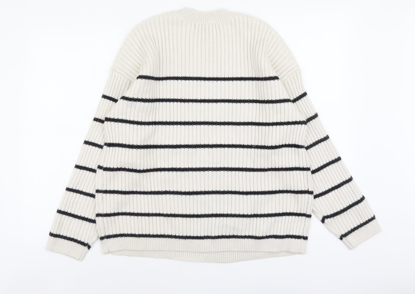 Marks and Spencer Womens Beige Round Neck Striped Acrylic Pullover Jumper Size L