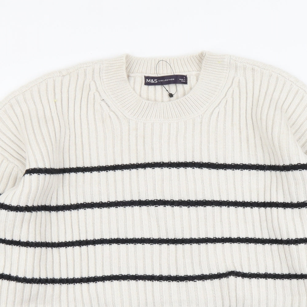 Marks and Spencer Womens Beige Round Neck Striped Acrylic Pullover Jumper Size L