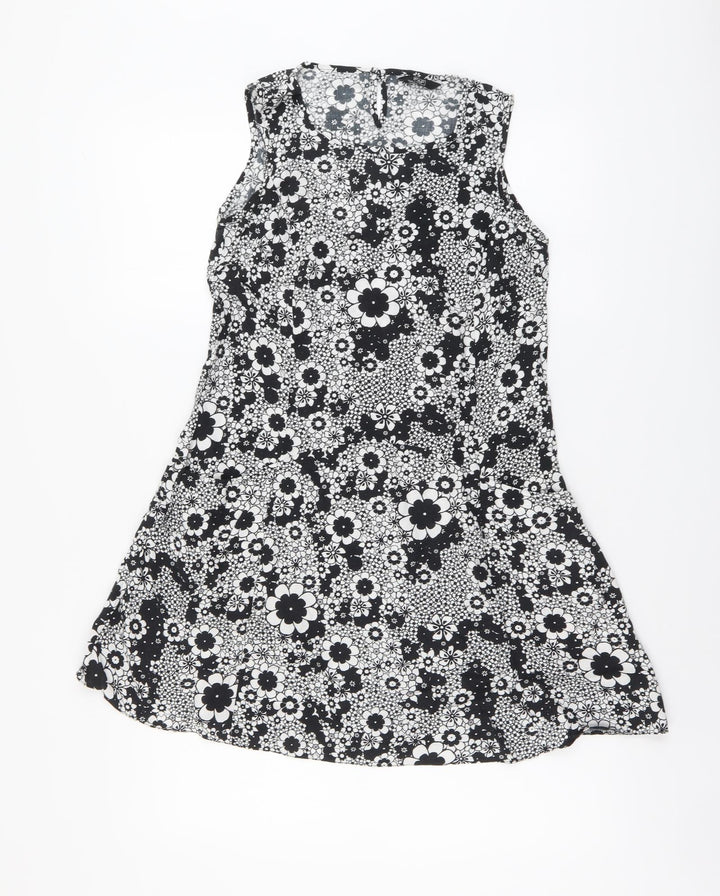 F&F Womens Black Floral Viscose A-Line Size 8 Boat Neck Button