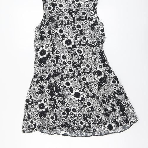 F&F Womens Black Floral Viscose A-Line Size 8 Boat Neck Button