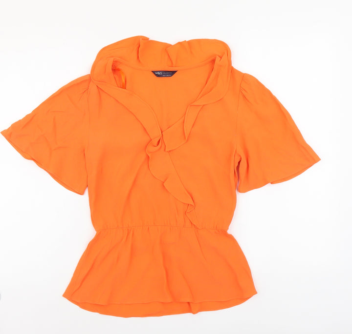 Marks and Spencer Womens Orange Viscose Basic Blouse Size 6 V-Neck