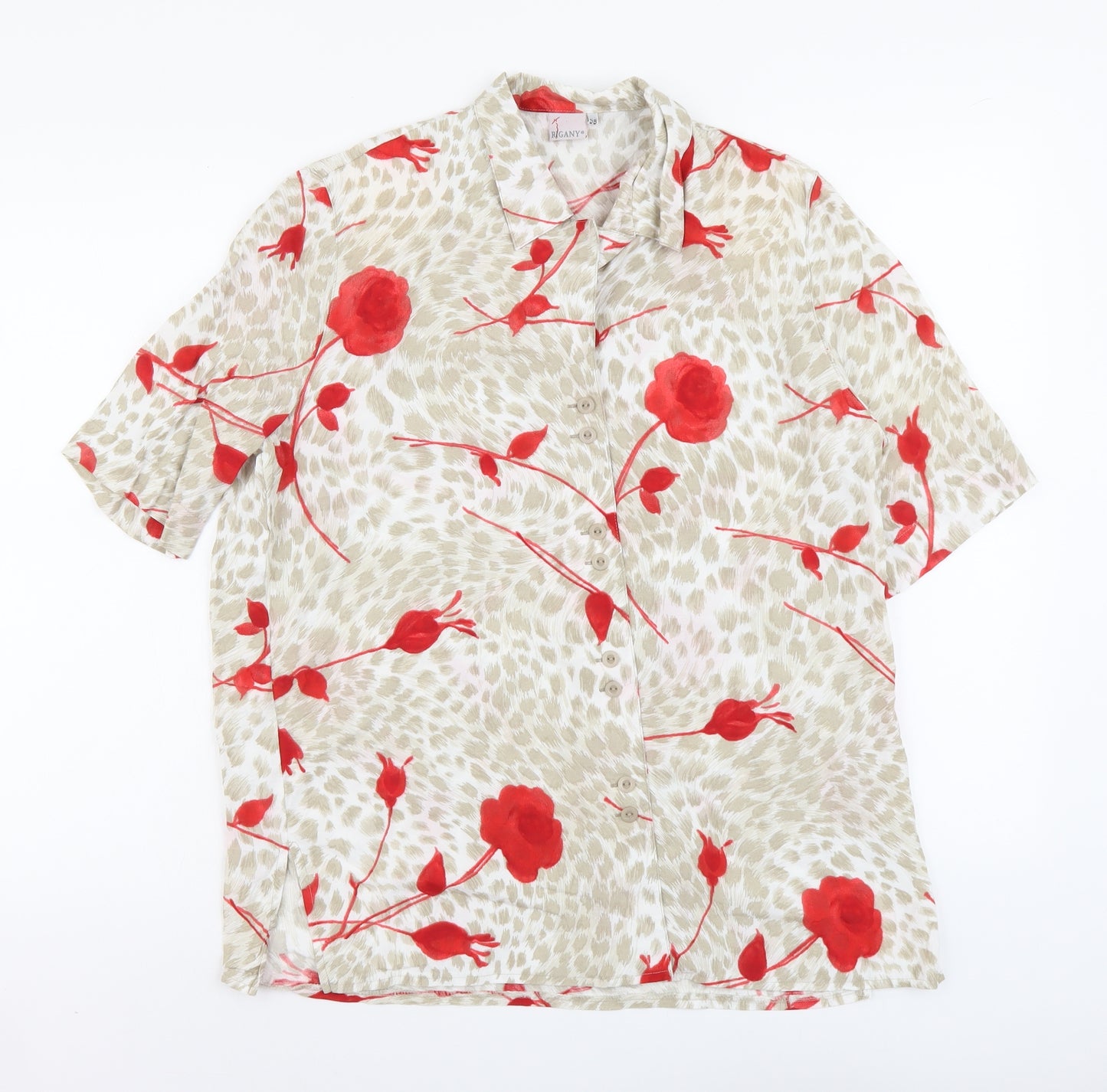 Rigany Womens Beige Floral Polyester Basic Button-Up Size M Collared