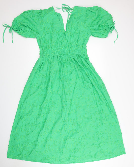 Marks and Spencer Womens Green Geometric Cotton Fit & Flare Size 12 V-Neck Zip - Leaf Pattern