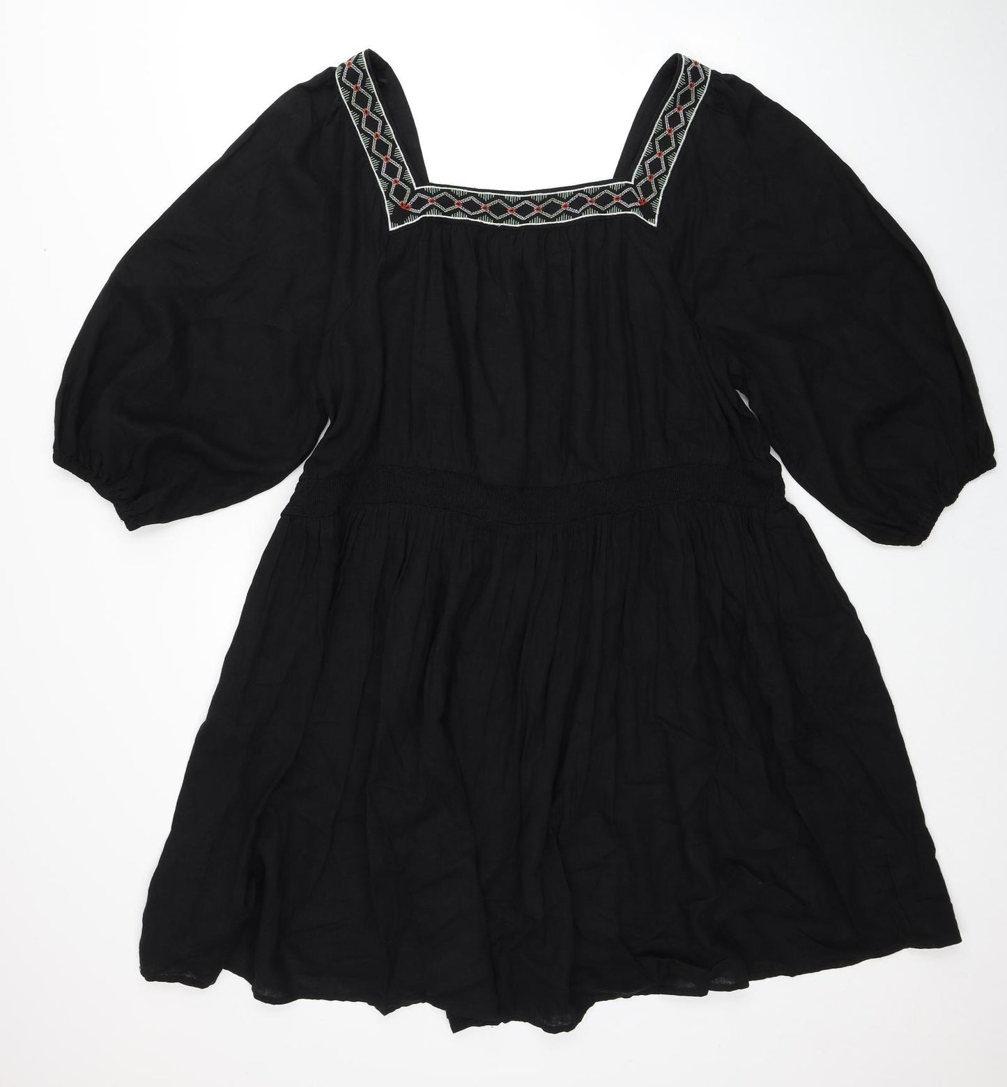 Marks and Spencer Womens Black Linen Trapeze & Swing Size 24 Square Neck Pullover - Shirred Top