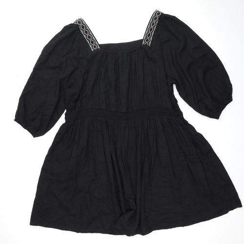 Marks and Spencer Womens Black Linen Trapeze & Swing Size 24 Square Neck Pullover - Shirred Top