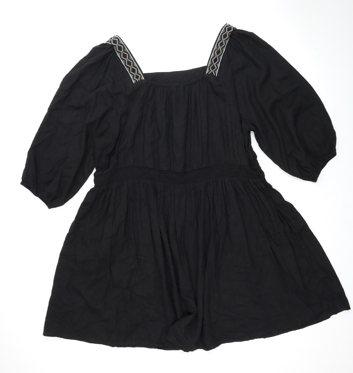 Marks and Spencer Womens Black Linen Trapeze & Swing Size 24 Square Neck Pullover - Shirred Top