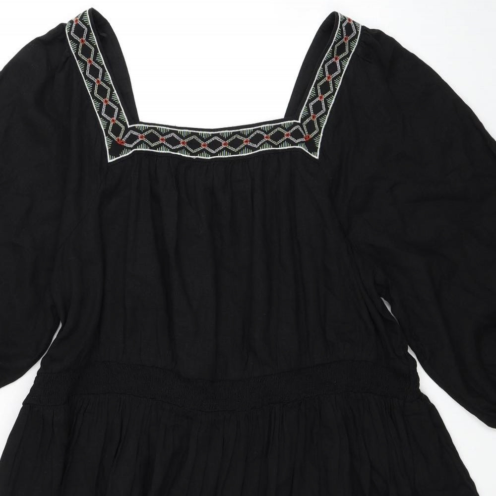 Marks and Spencer Womens Black Linen Trapeze & Swing Size 24 Square Neck Pullover - Shirred Top