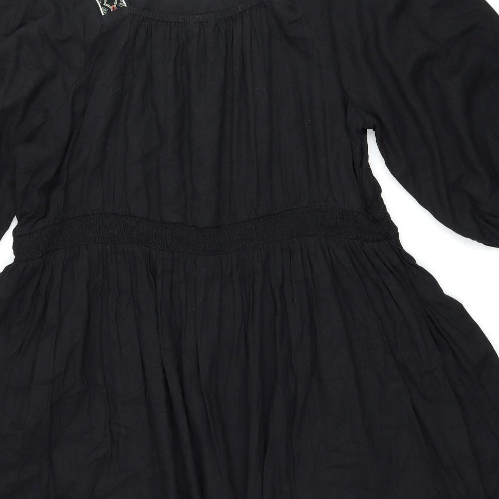 Marks and Spencer Womens Black Linen Trapeze & Swing Size 24 Square Neck Pullover - Shirred Top