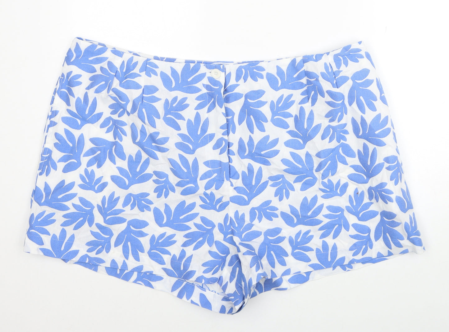 Marks and Spencer Womens Blue Geometric Cotton Hot Pants Shorts Size 22 Regular Zip - Leaf Pattern
