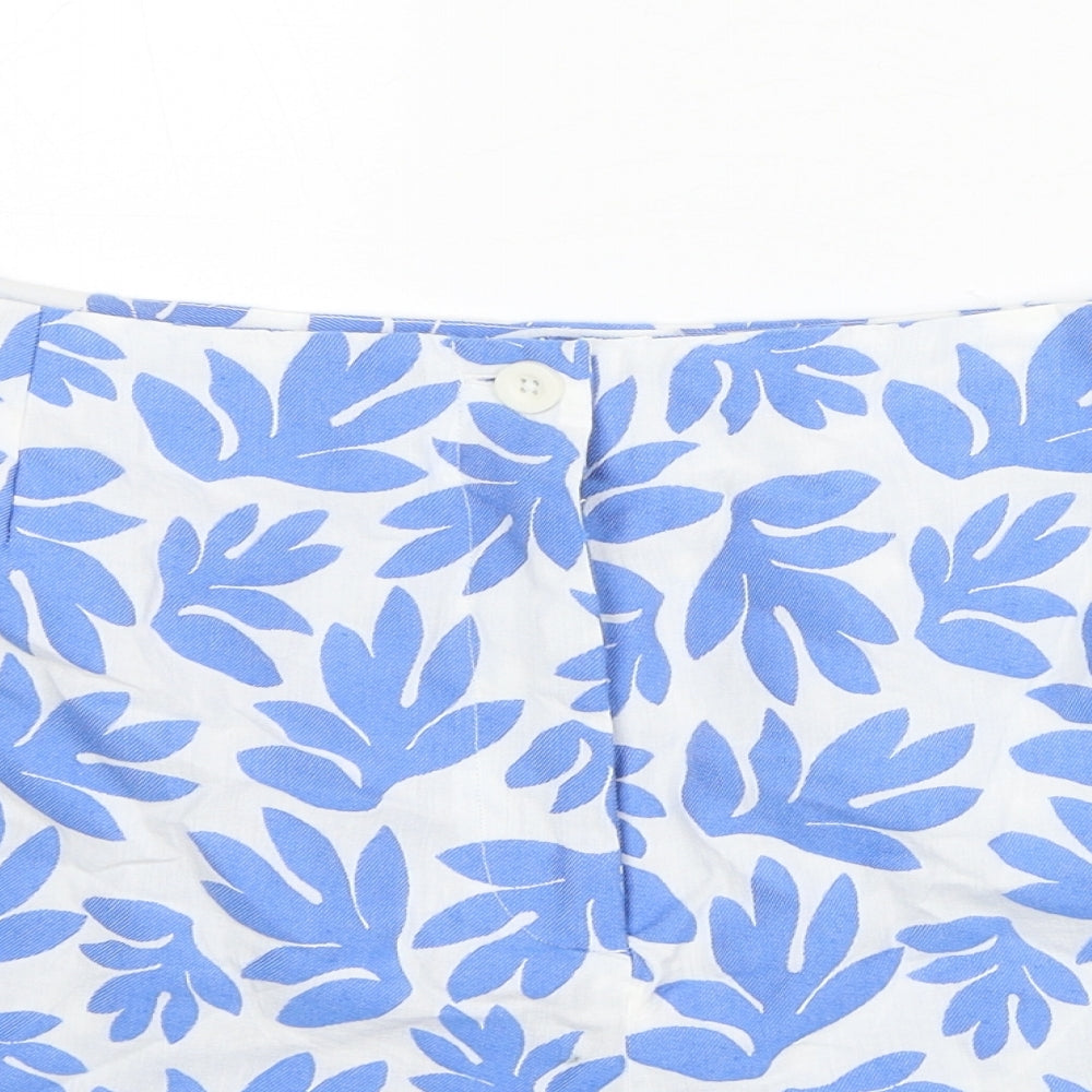 Marks and Spencer Womens Blue Geometric Cotton Hot Pants Shorts Size 22 Regular Zip - Leaf Pattern